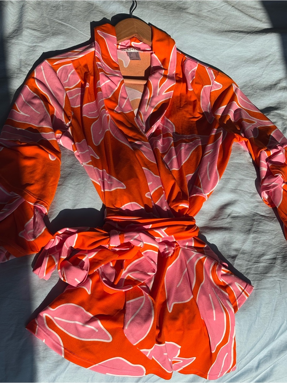 Women’s Pink & Orange Floral Wrap Blouse with Tie Waist